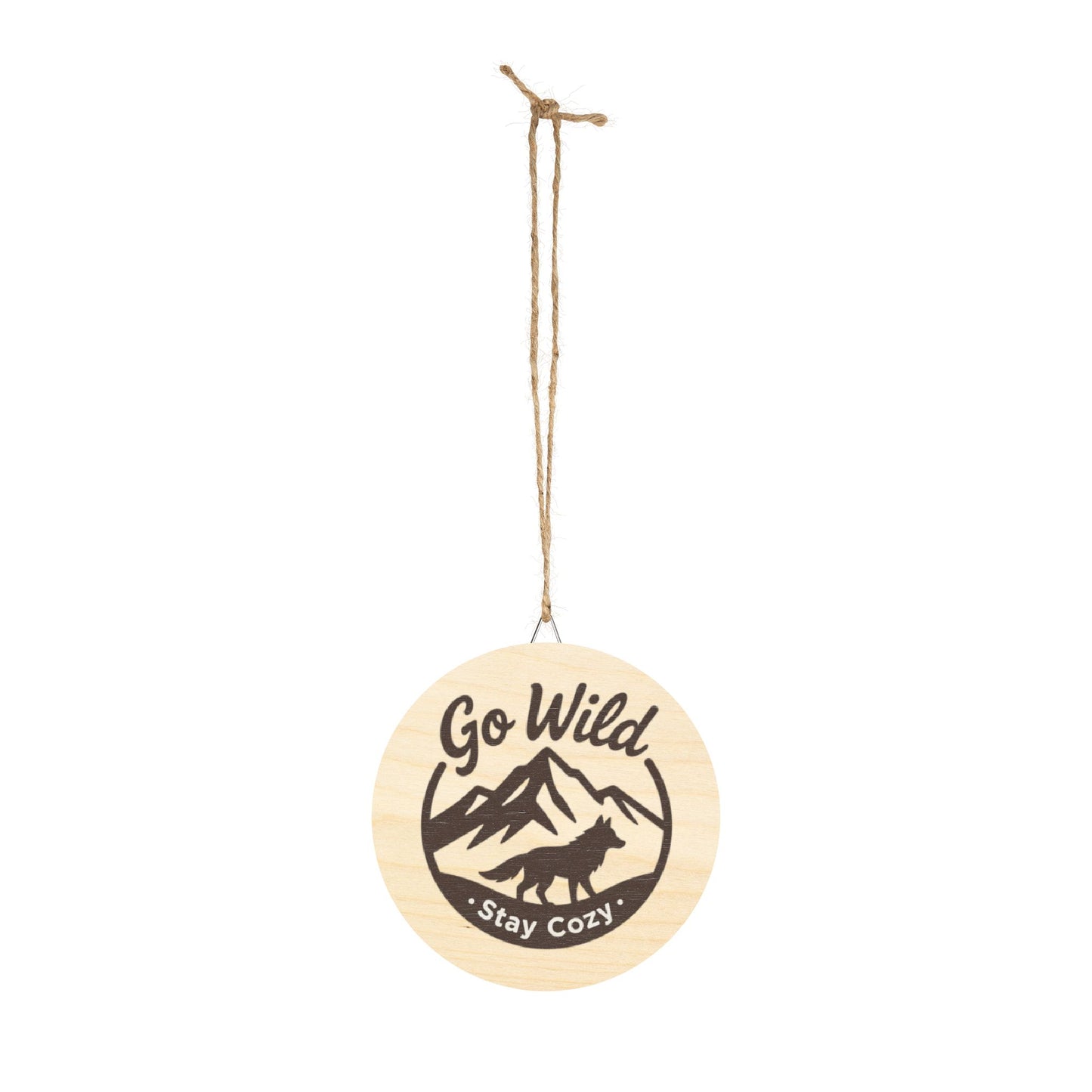 Wood Sign - "Go Wild, Stay Cozy" Round Mountain & Wolf Wall Decor