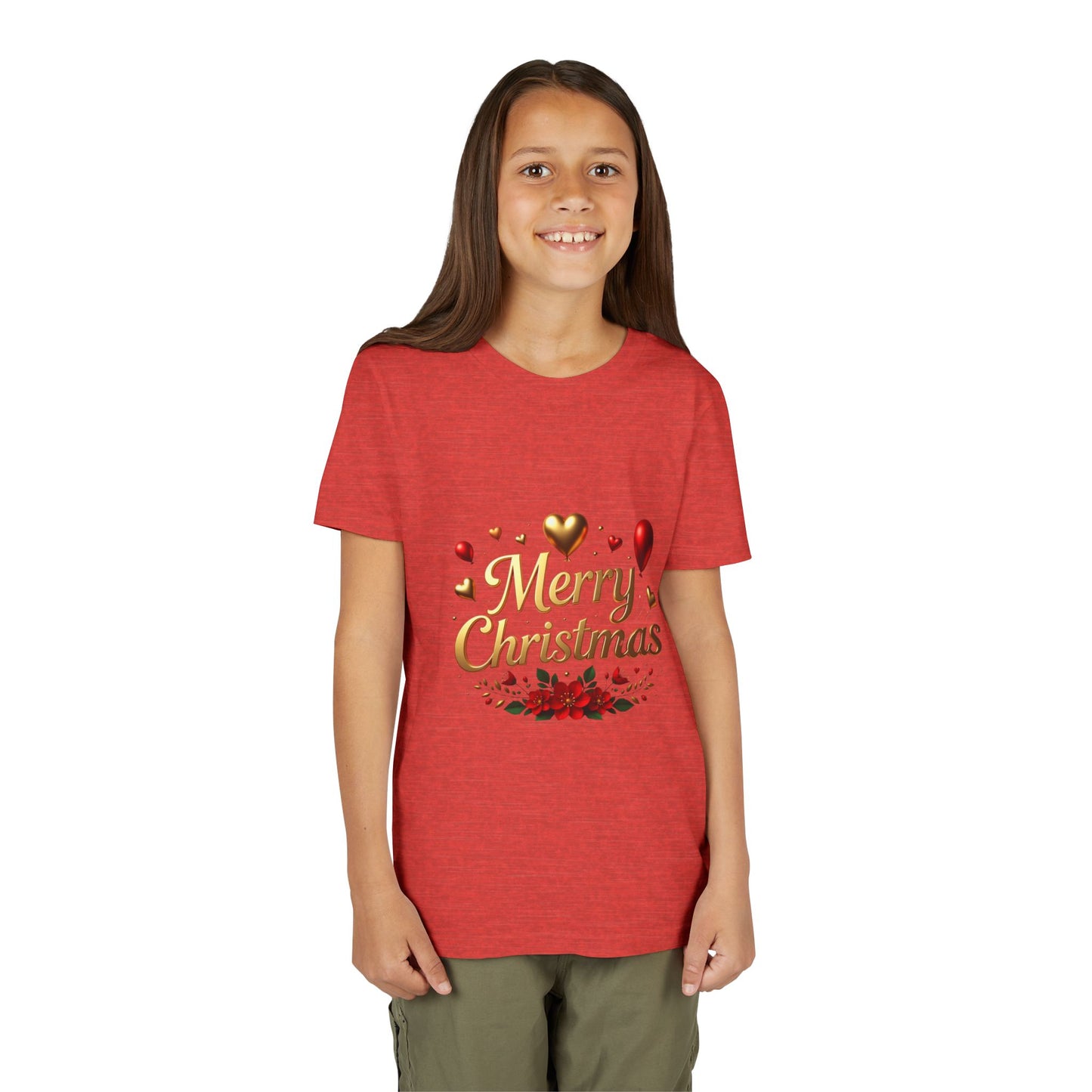 Youth Tee — Merry Christmas Gold Script with Hearts & Poinsettia Holiday Design