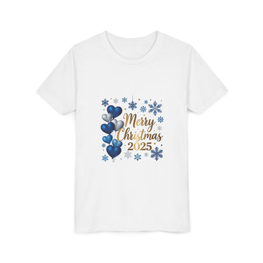 Youth Tee — "Merry Christmas 2025" Blue Hearts & Snowflakes Holiday Shirt