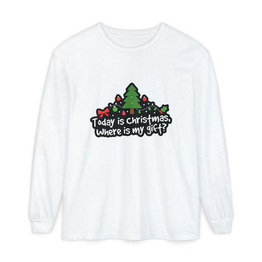 Christmas Tree Long Sleeve Tee — "Today is Christmas, Where is my gift?"