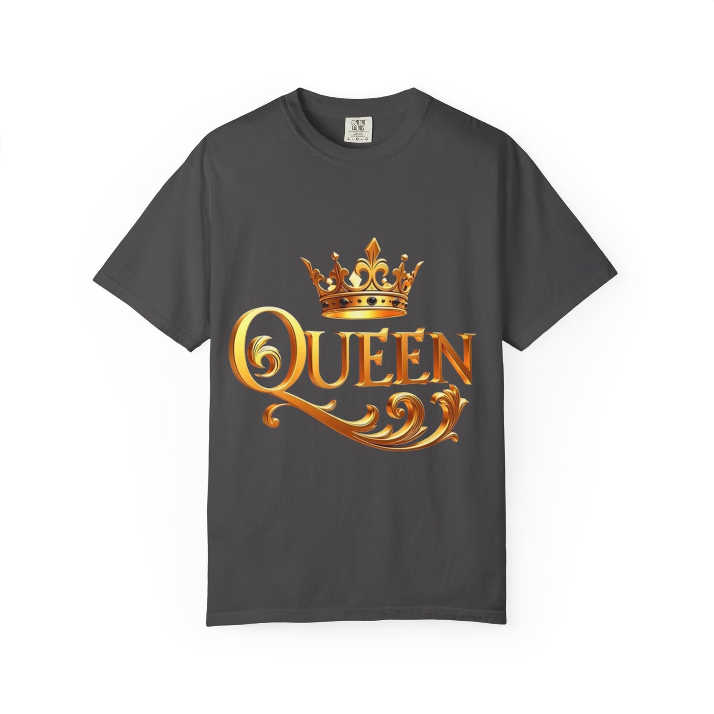 Queen Crown T-Shirt — Regal Gold Typography Tee for Her