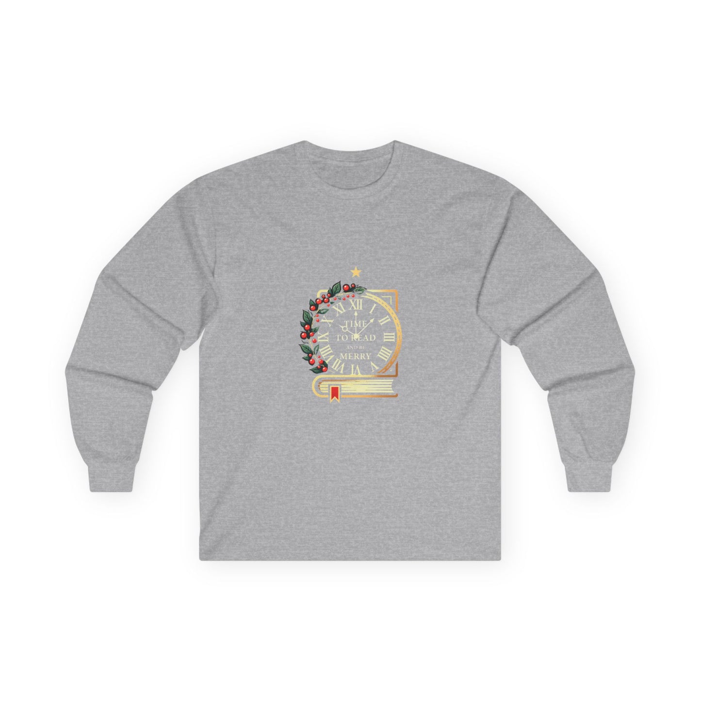 Christmas Clock & Wreath Long Sleeve Tee — "Time to Read Merry" Holiday Shirt
