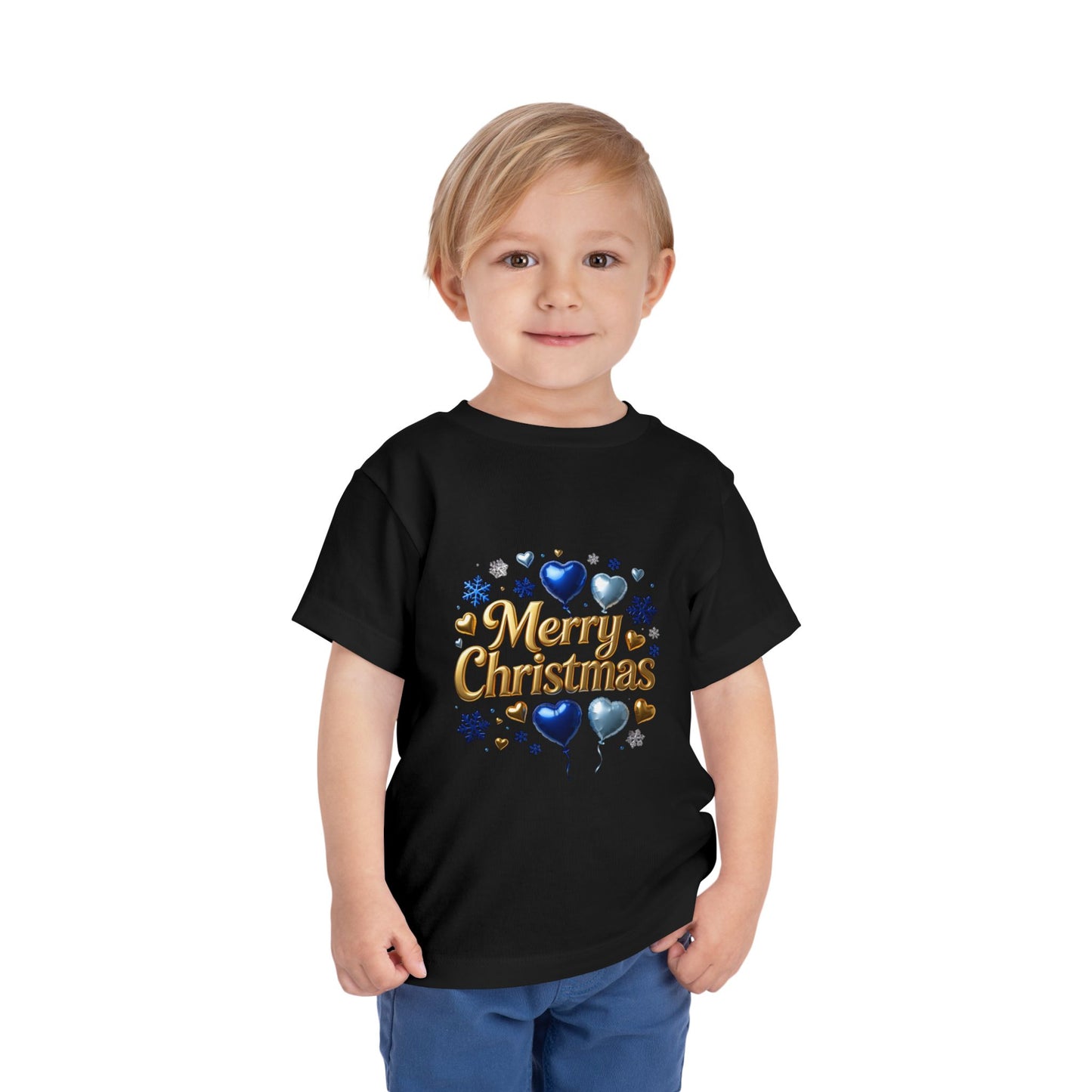 Toddler Tee — 'Merry Christmas' Blue Heart & Snowflake Holiday Shirt