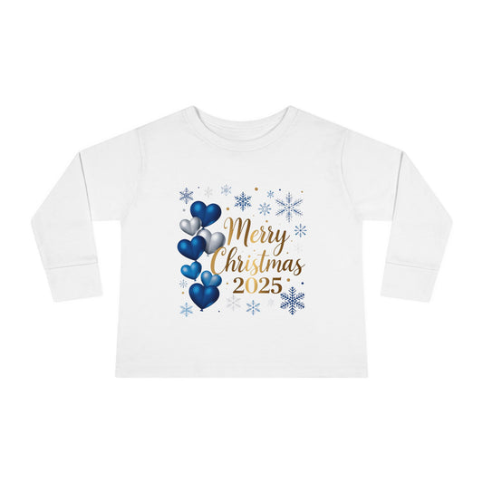Toddler Long Sleeve Tee — Merry Christmas 2025 Blue Heart Snowflake Holiday Top