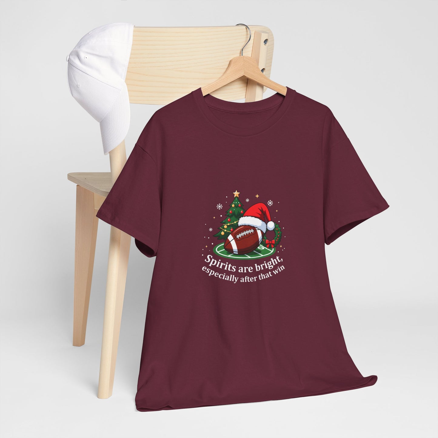 Christmas Football T-Shirt — "Spirits are bright, especially after that win" Holiday Tee