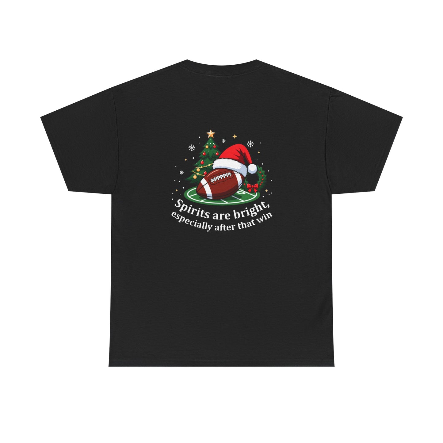 Christmas Football T-Shirt — "Spirits are bright, especially after that win" Holiday Tee