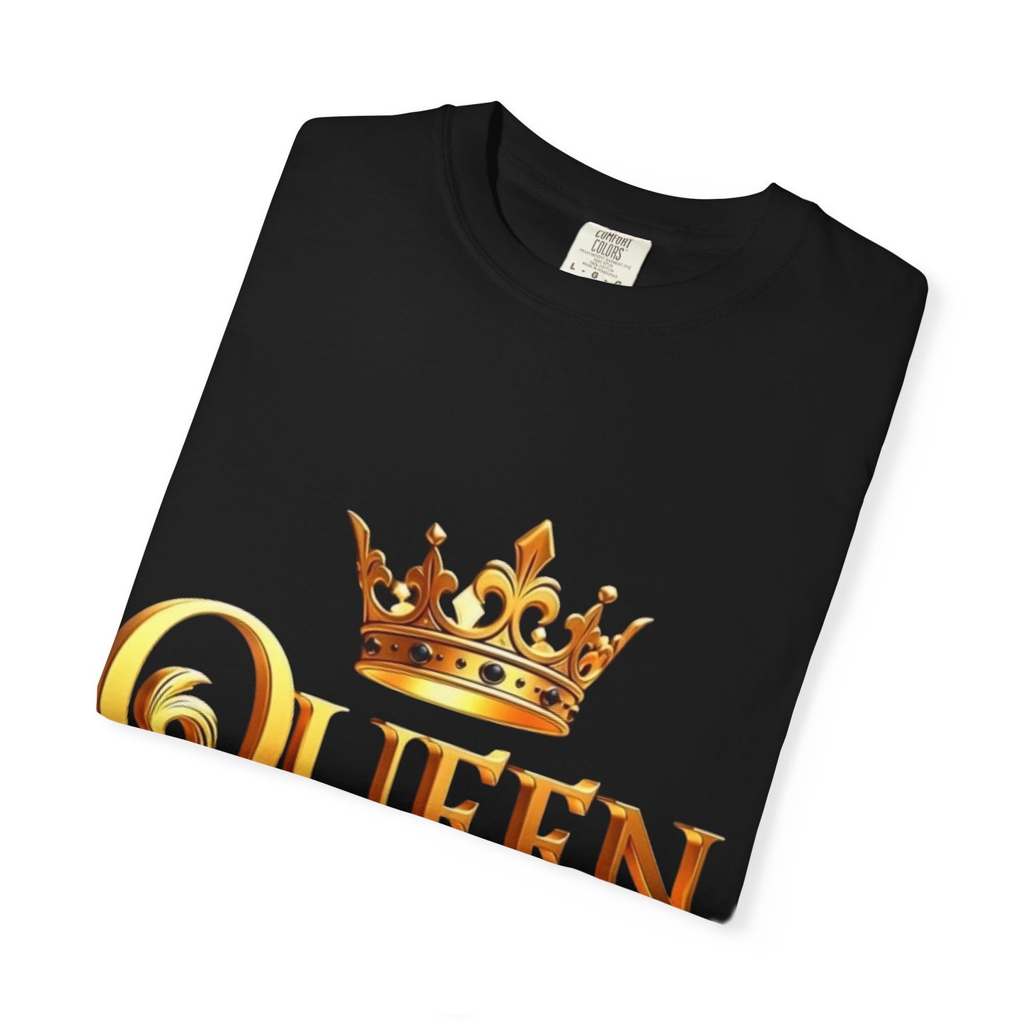Queen Crown T-Shirt — Regal Gold Typography Tee for Her
