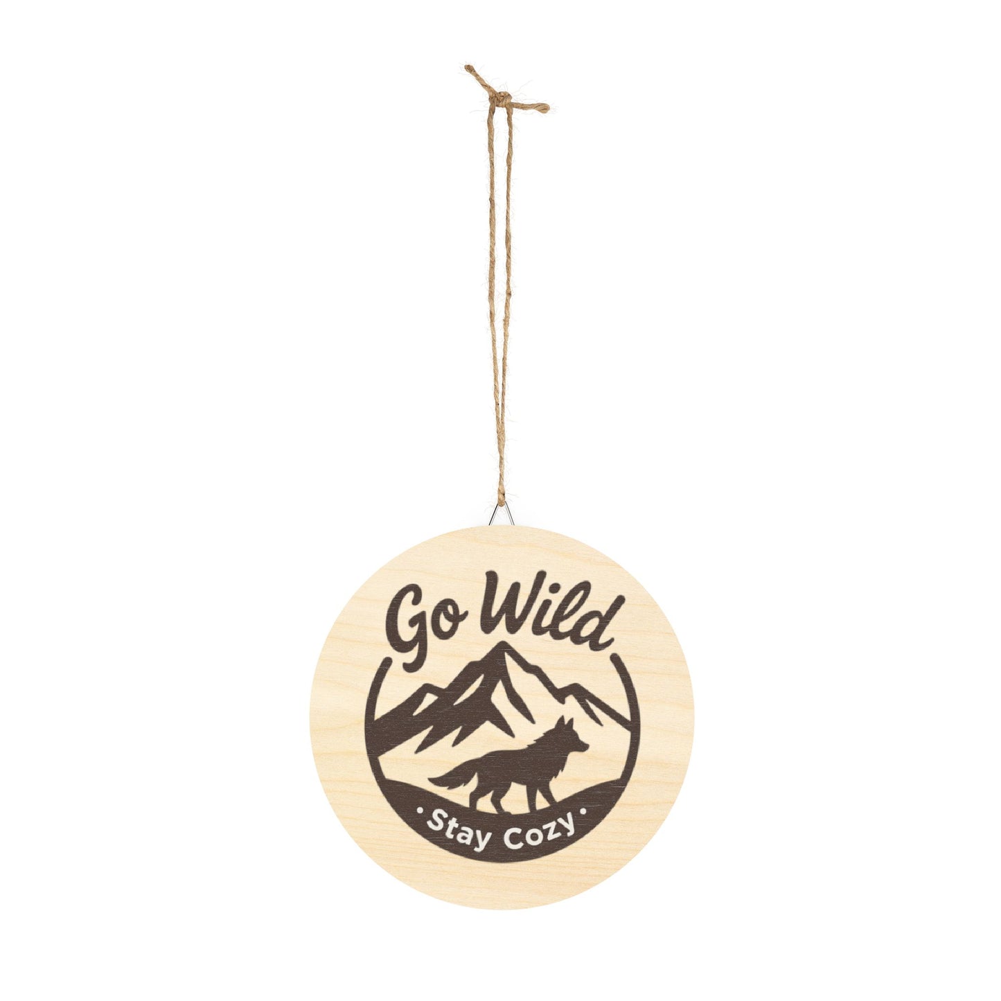 Wood Sign - "Go Wild, Stay Cozy" Round Mountain & Wolf Wall Decor