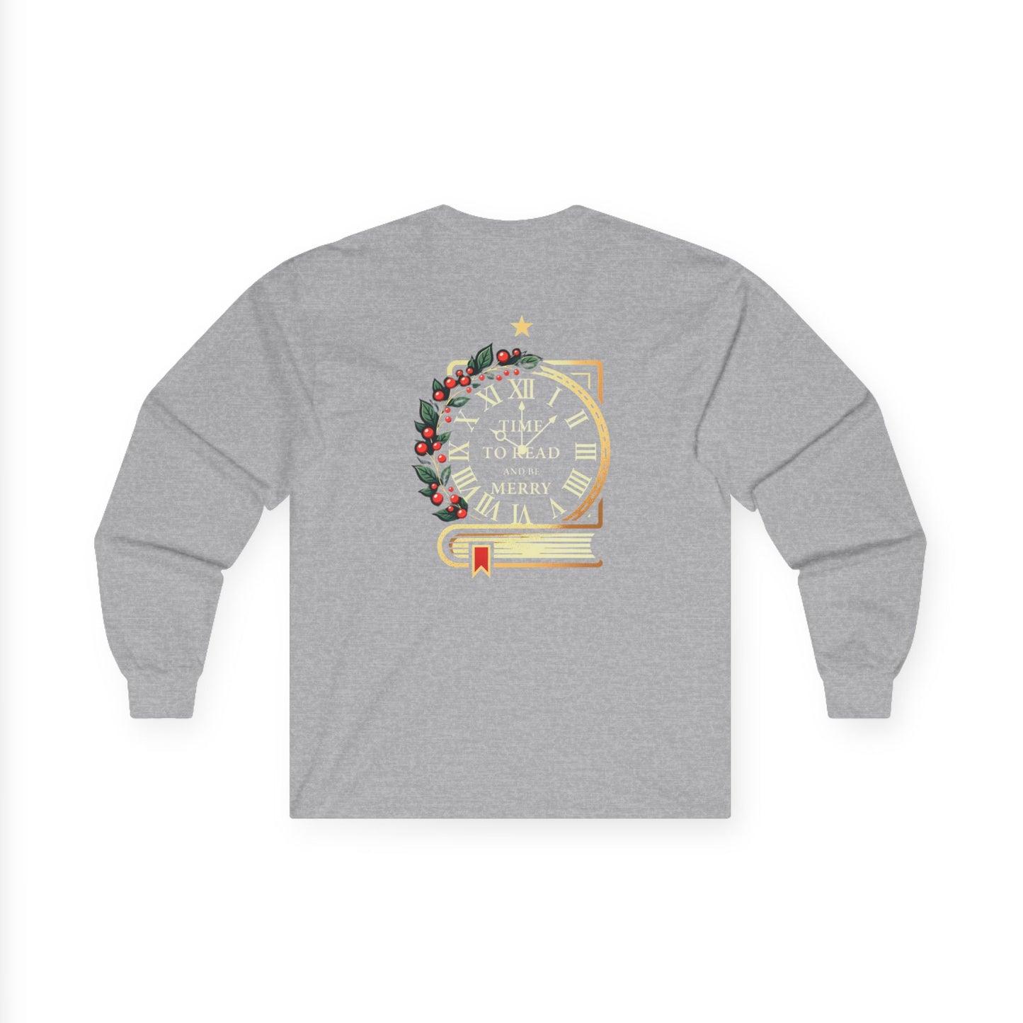 Christmas Clock & Wreath Long Sleeve Tee — "Time to Read Merry" Holiday Shirt