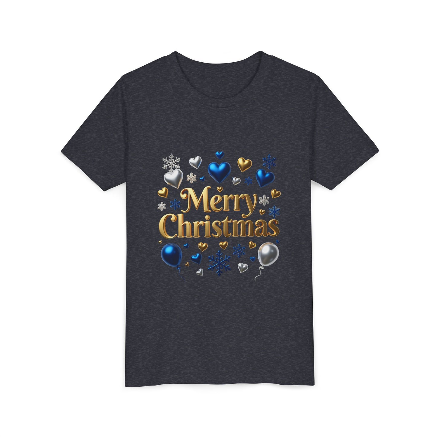 Youth Tee — "Merry Christmas" Gold Script with Blue & Silver Ornaments