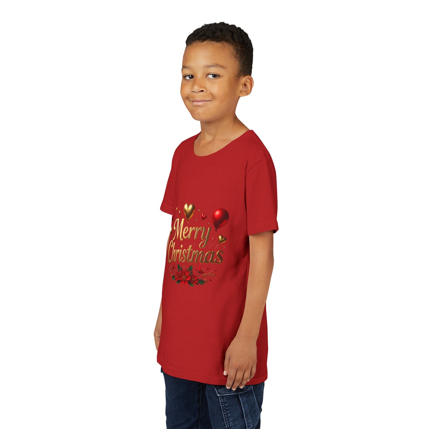 Youth Tee — Merry Christmas Gold Script with Hearts & Poinsettia Holiday Design