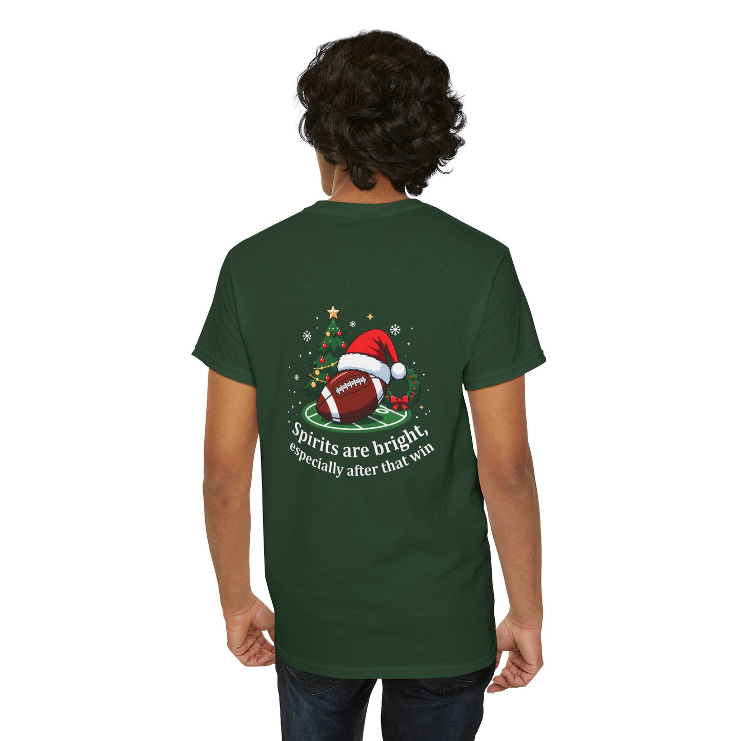 Christmas Football T-Shirt — "Spirits are bright, especially after that win" Holiday Tee