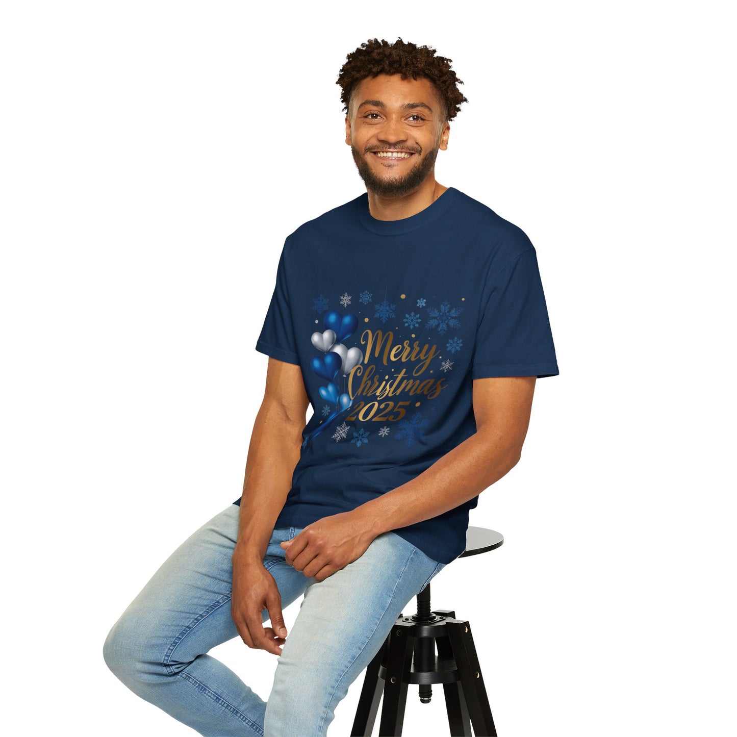 Christmas 2025 T-Shirt – "Merry Christmas 2025" Blue Heart Snowflake Holiday Tee