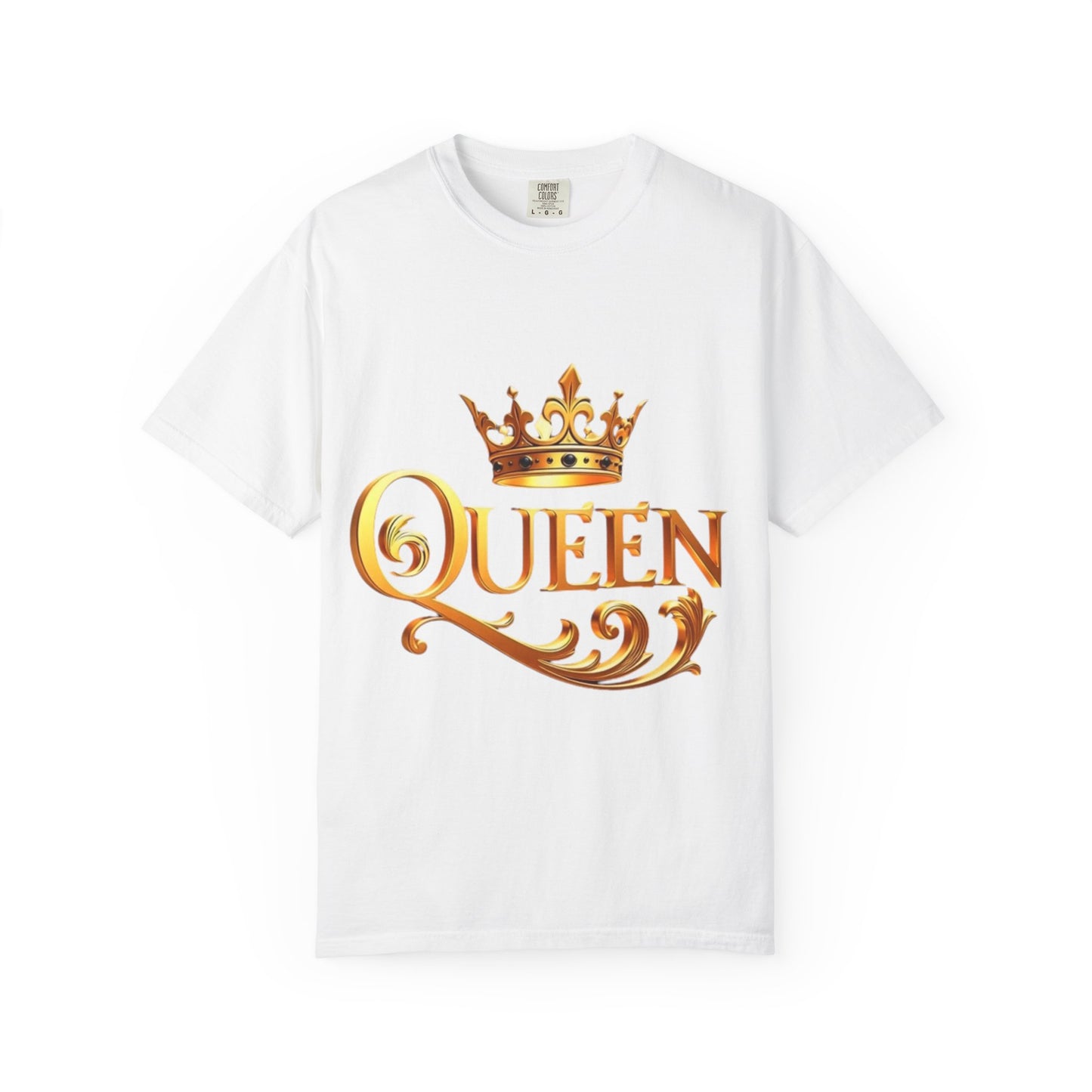 Queen Crown T-Shirt — Regal Gold Typography Tee for Her