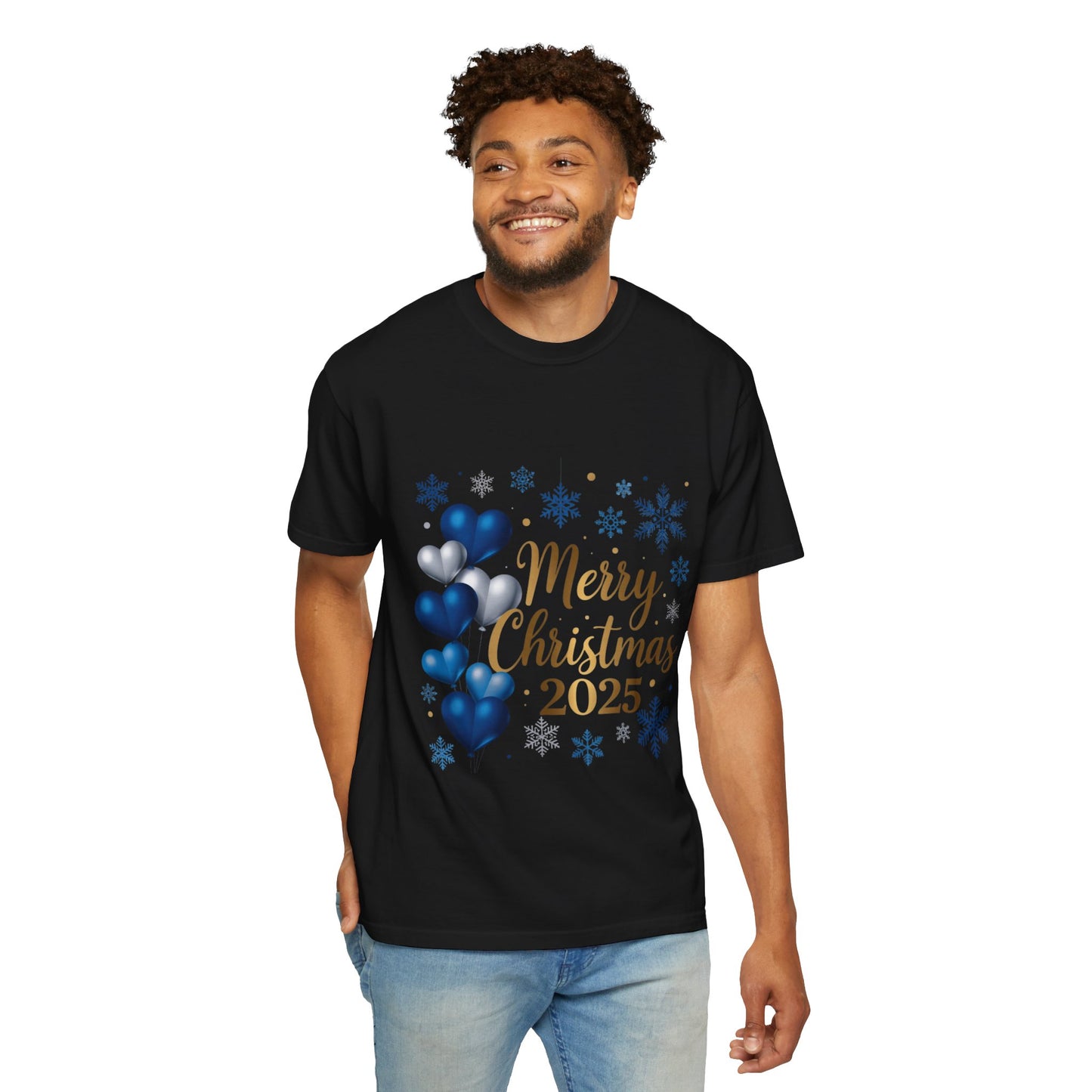 Christmas 2025 T-Shirt – "Merry Christmas 2025" Blue Heart Snowflake Holiday Tee