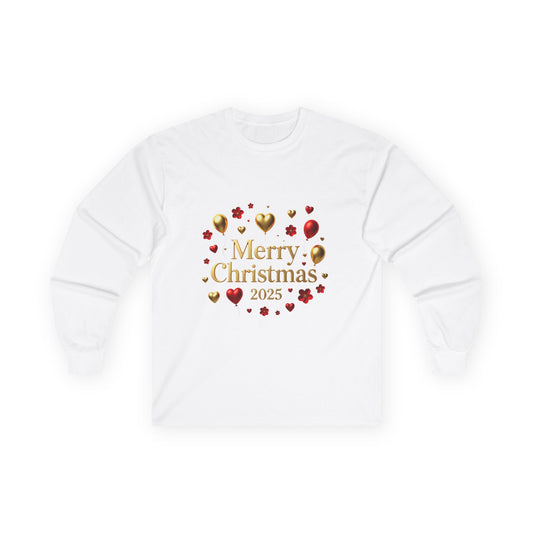 Merry Christmas 2025 Long Sleeve Tee — Festive Gold & Red Holiday Shirt