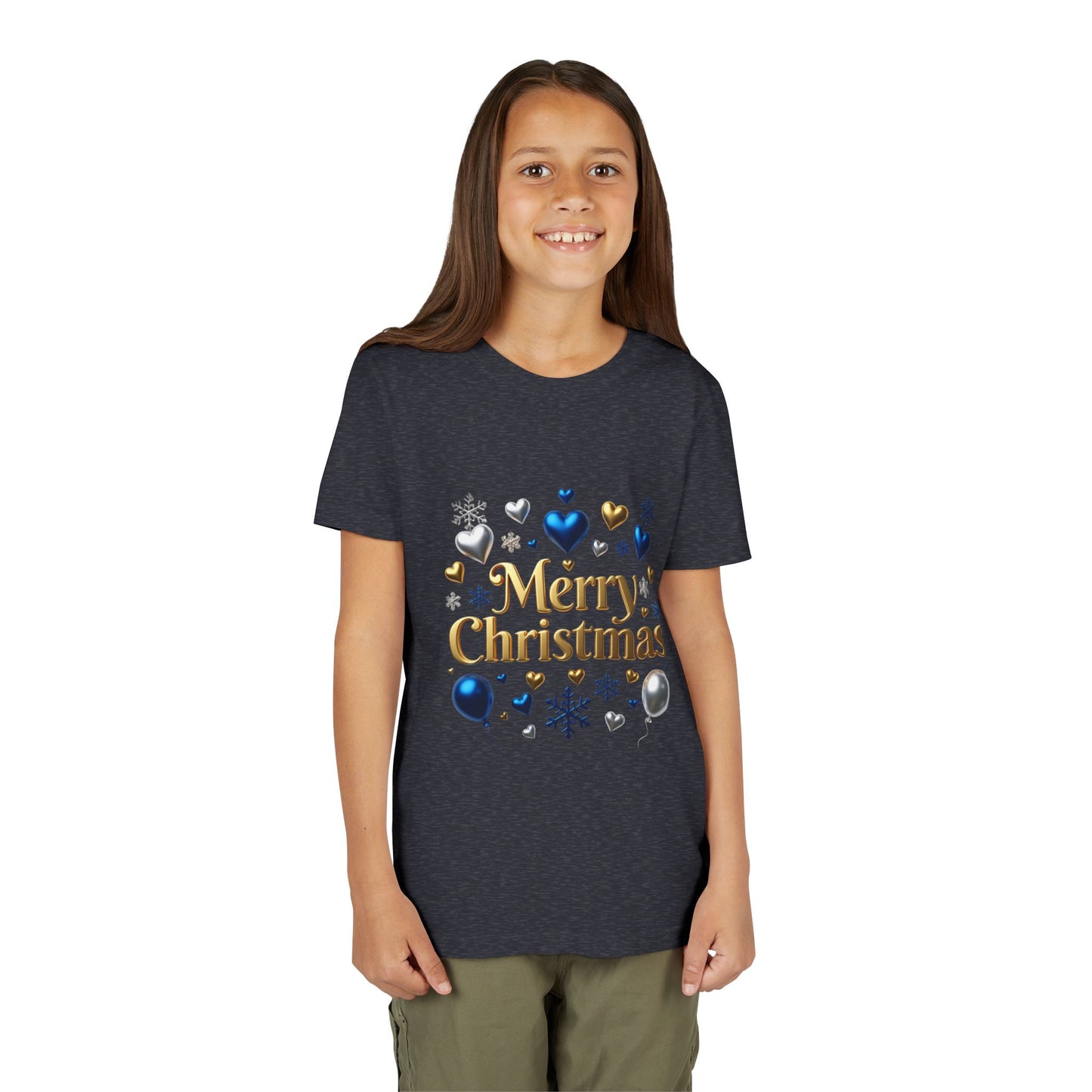 Youth Tee — "Merry Christmas" Gold Script with Blue & Silver Ornaments