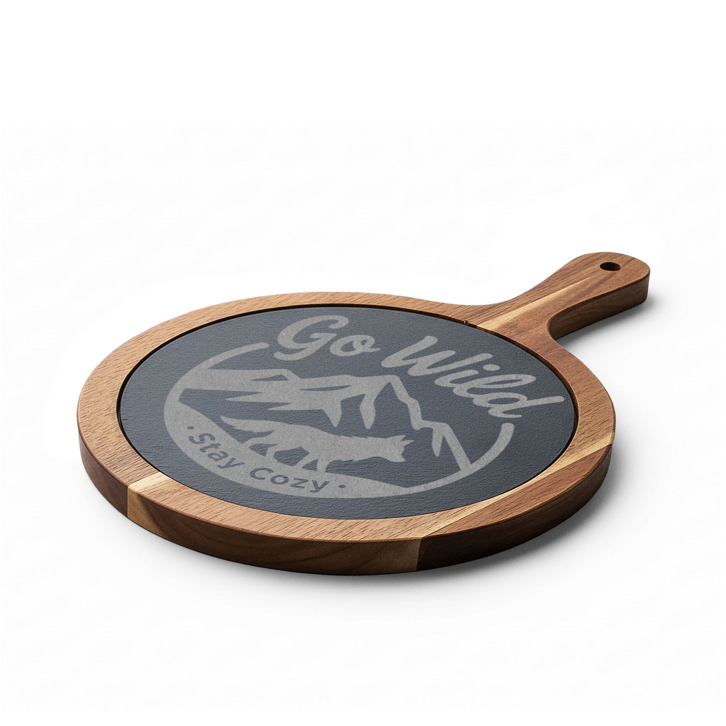 Go Wild Engraved Bamboo Charcuterie Board with Slate Inlay — 'Stay Cozy' Cheese Serving Set