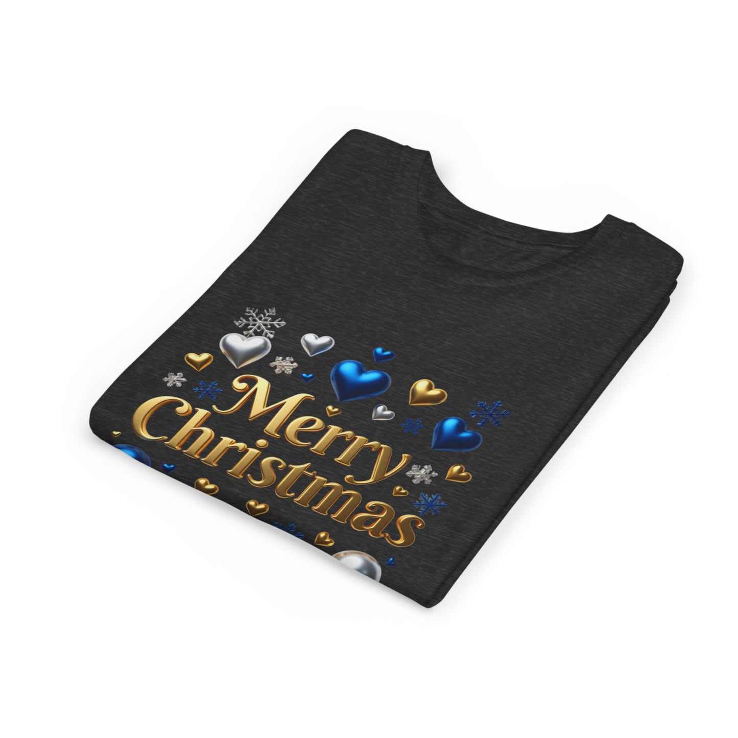 Youth Tee — "Merry Christmas" Gold Script with Blue & Silver Ornaments