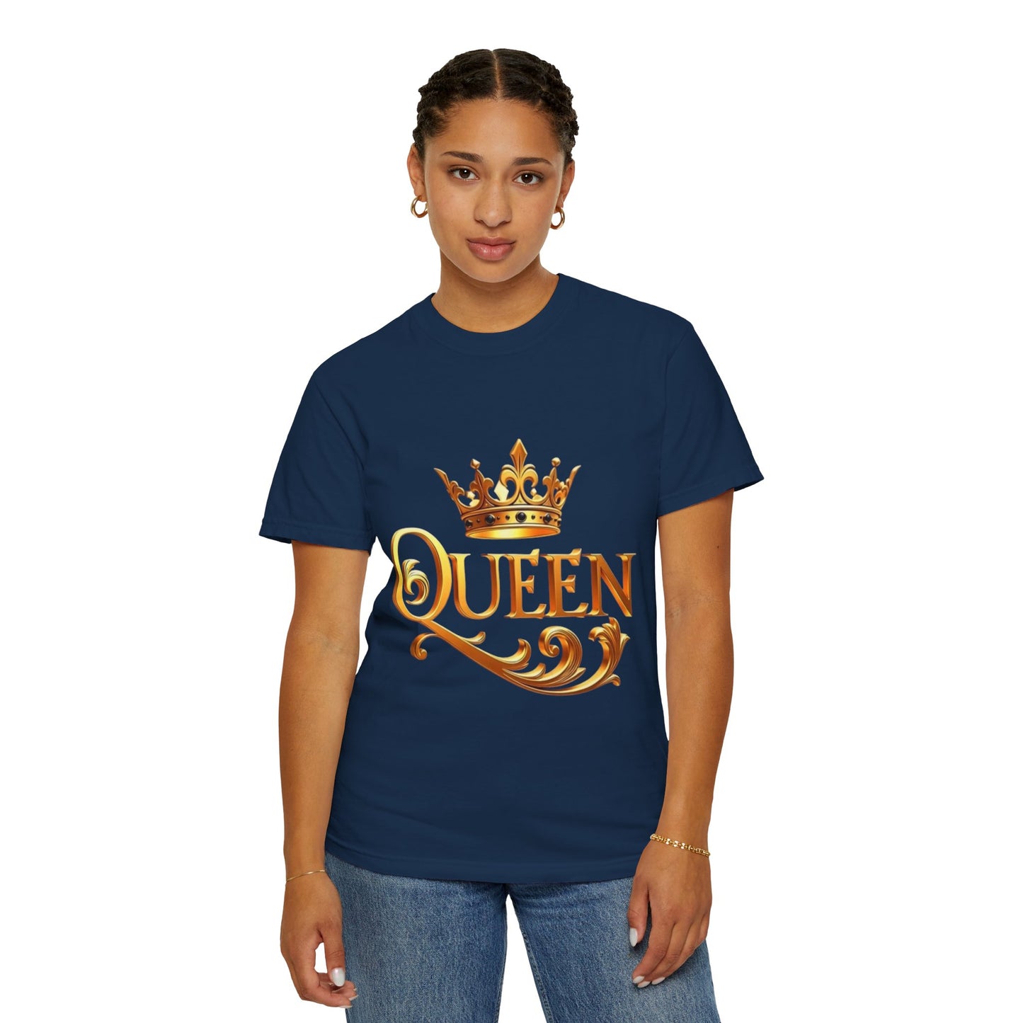 Queen Crown T-Shirt — Regal Gold Typography Tee for Her