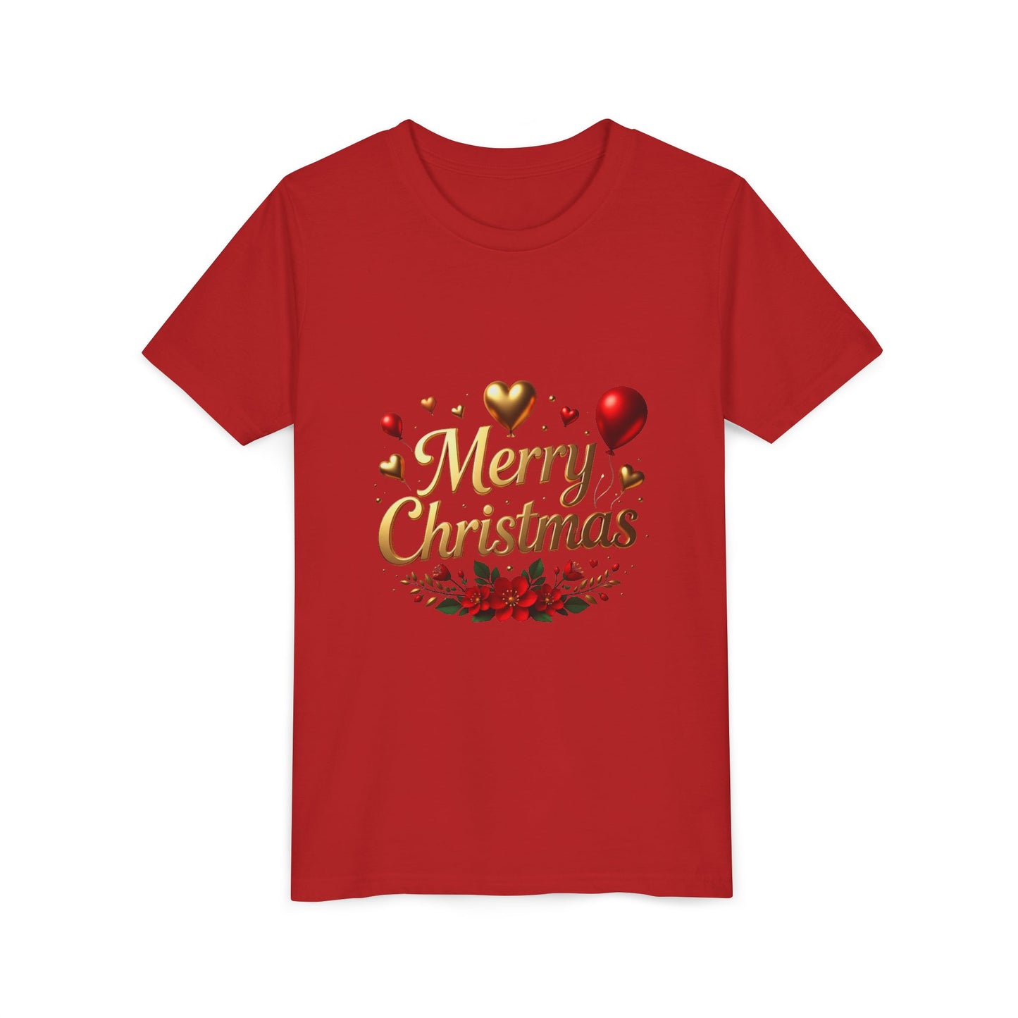 Youth Tee — Merry Christmas Gold Script with Hearts & Poinsettia Holiday Design