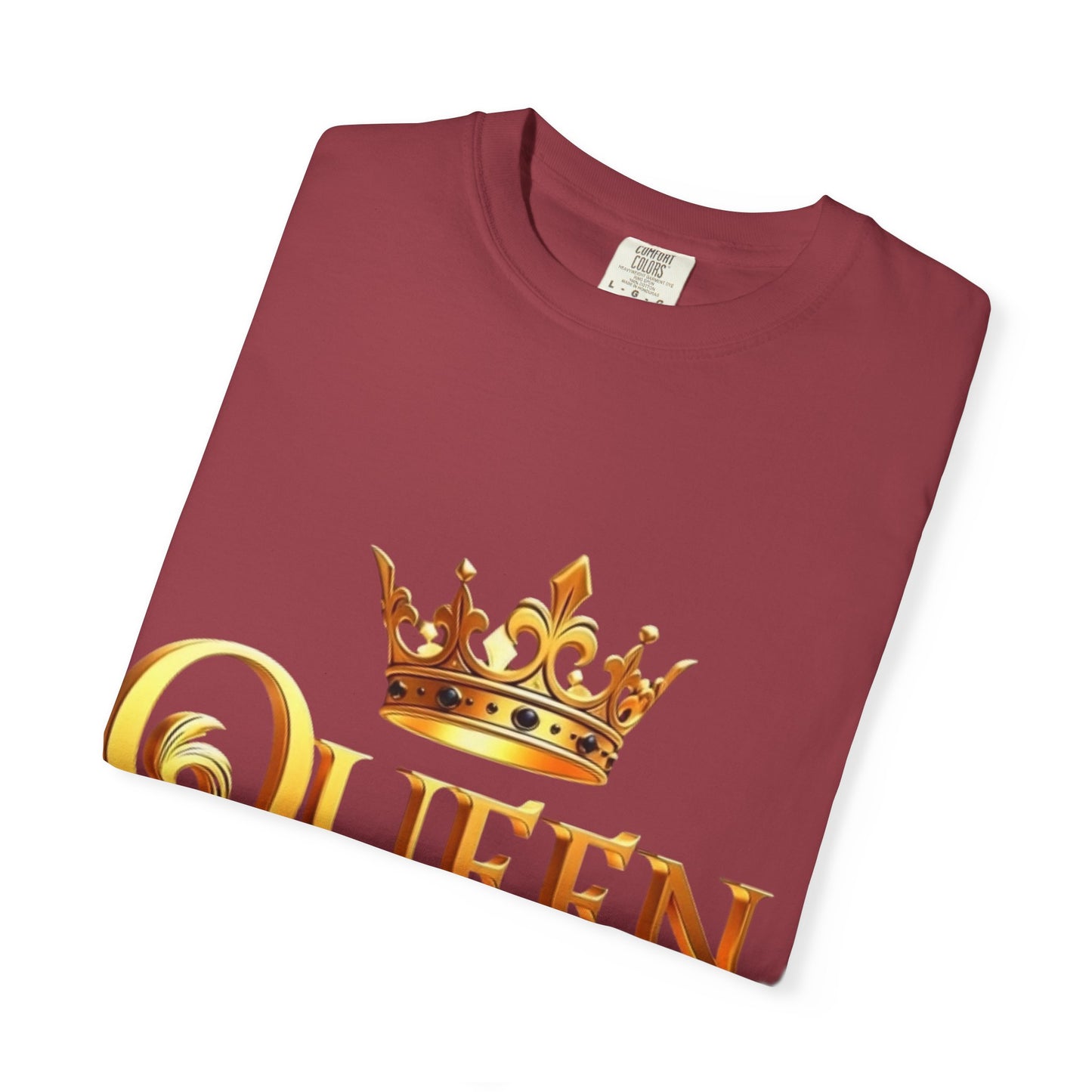Queen Crown T-Shirt — Regal Gold Typography Tee for Her