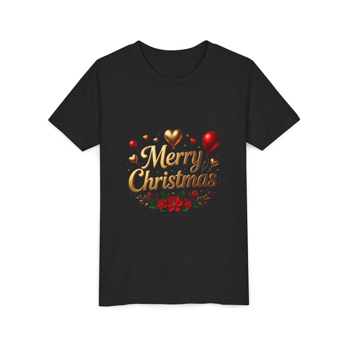 Youth Tee — Merry Christmas Gold Script with Hearts & Poinsettia Holiday Design