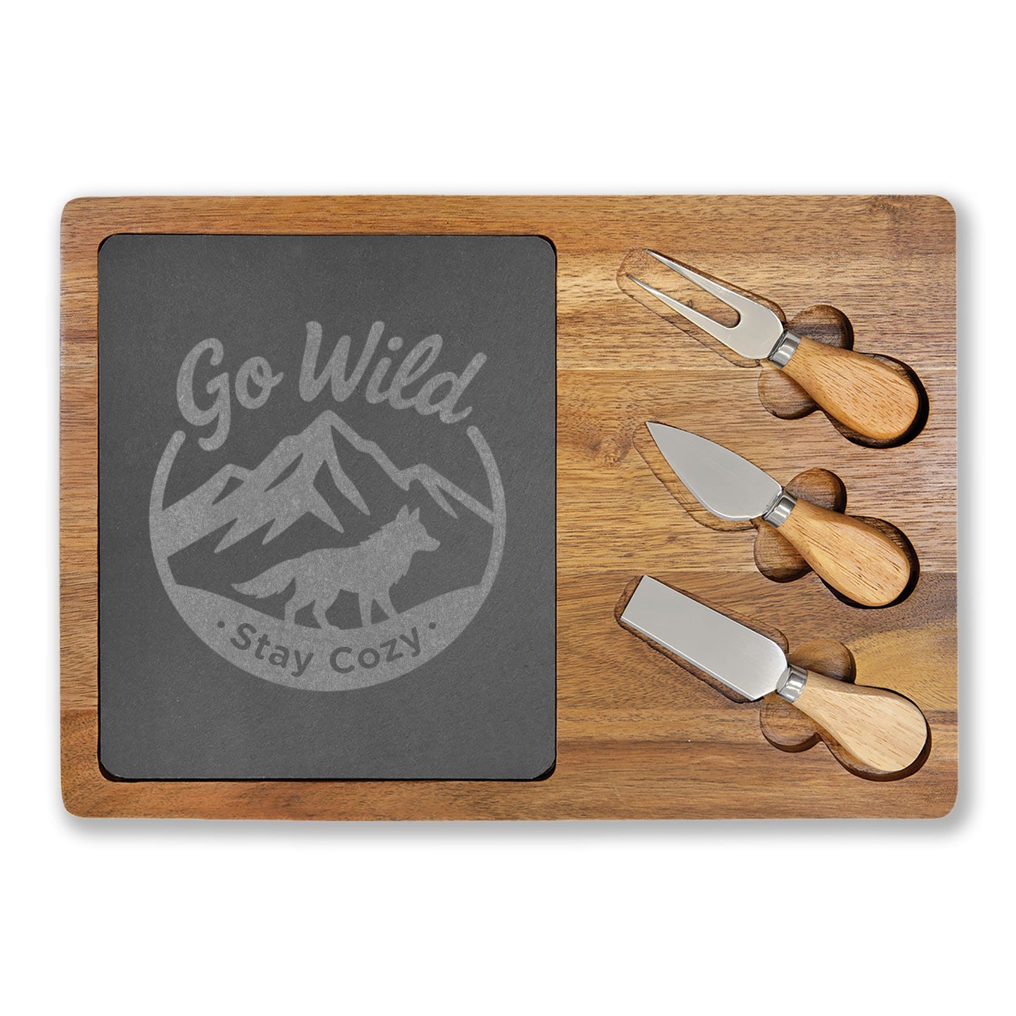 Go Wild Engraved Bamboo Charcuterie Board with Slate Inlay — 'Stay Cozy' Cheese Serving Set