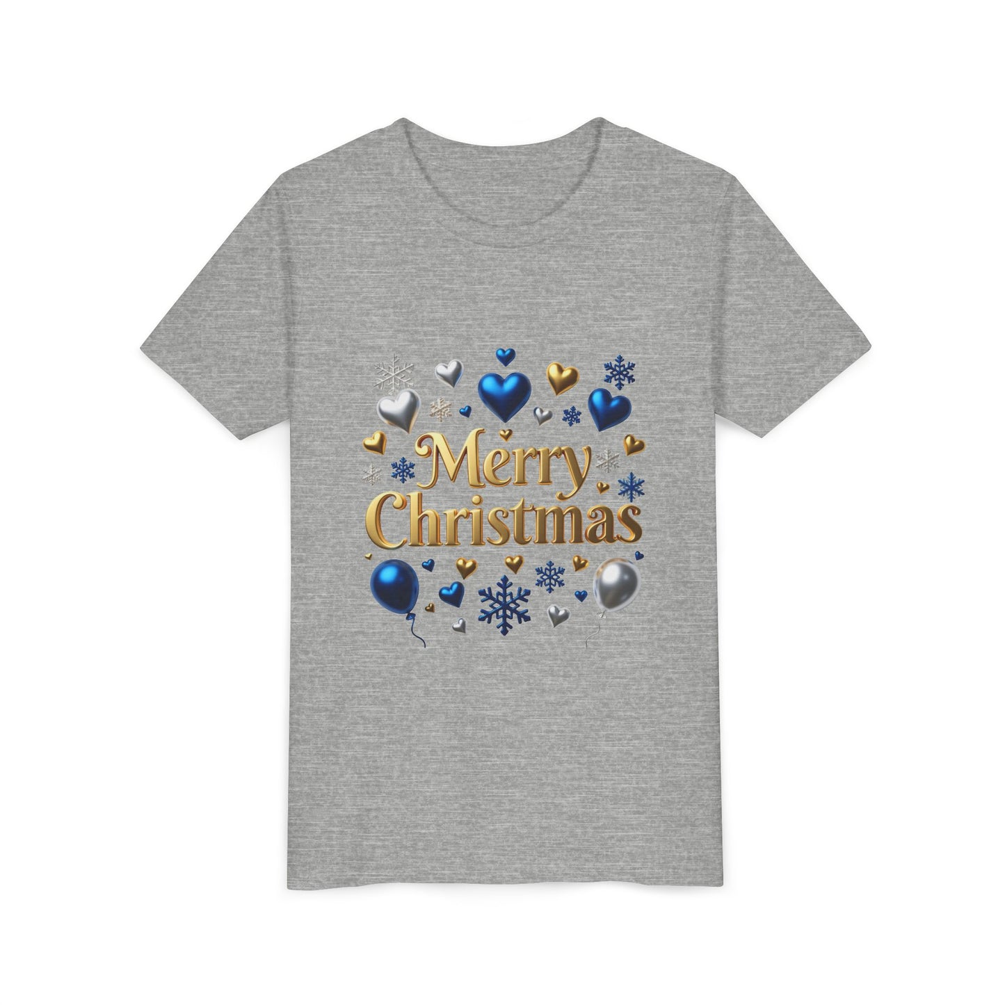 Youth Tee — "Merry Christmas" Gold Script with Blue & Silver Ornaments