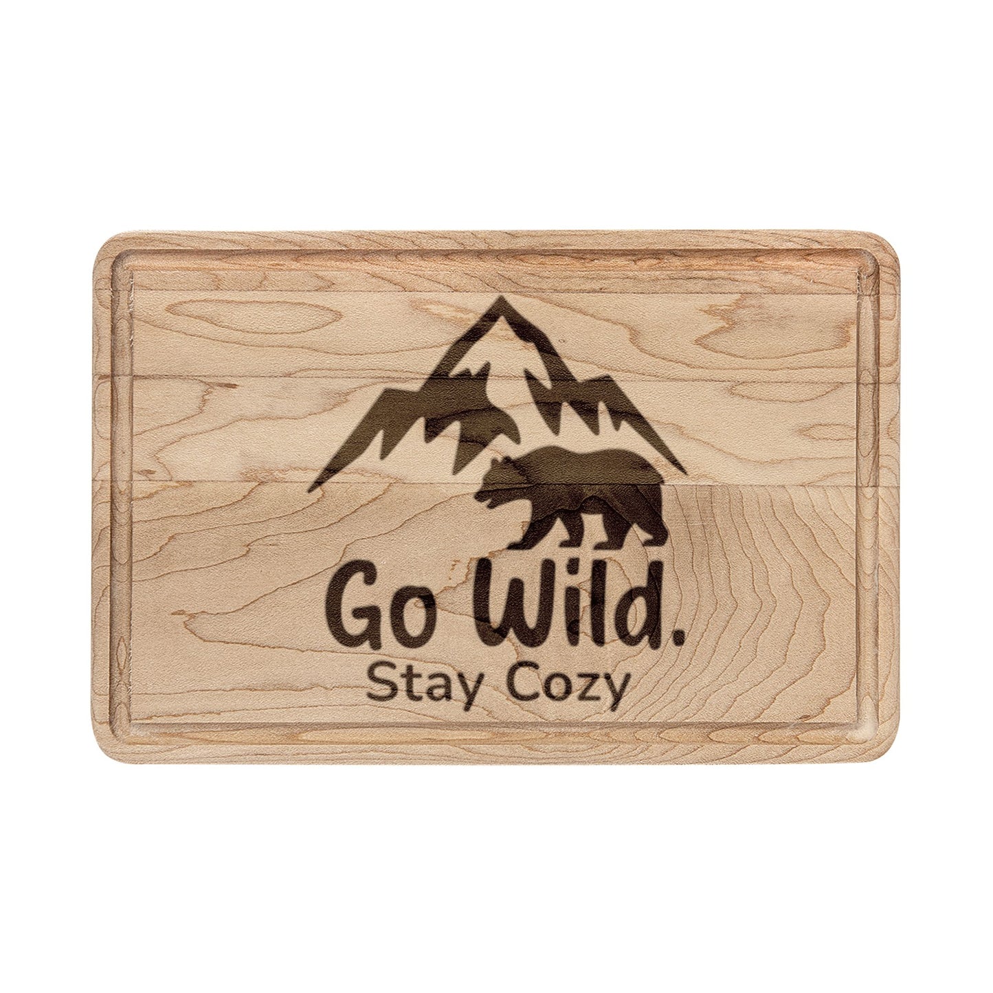 Engraved Maple Cutting Board – 'Go Wild Stay Cozy' Mountain & Bear Cabin Serving Board
