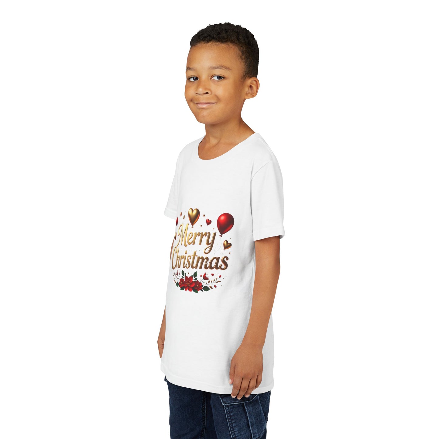 Youth Tee — Merry Christmas Gold Script with Hearts & Poinsettia Holiday Design