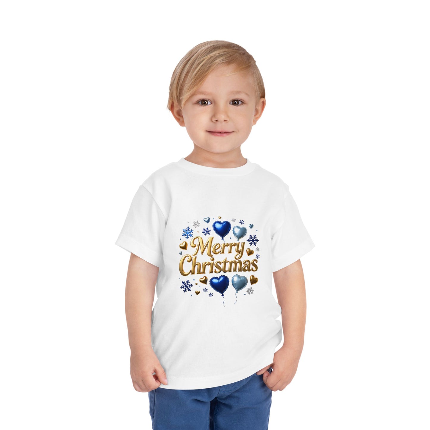 Toddler Tee — 'Merry Christmas' Blue Heart & Snowflake Holiday Shirt