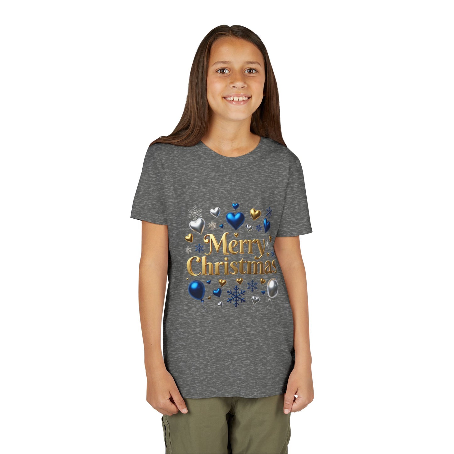 Youth Tee — "Merry Christmas" Gold Script with Blue & Silver Ornaments