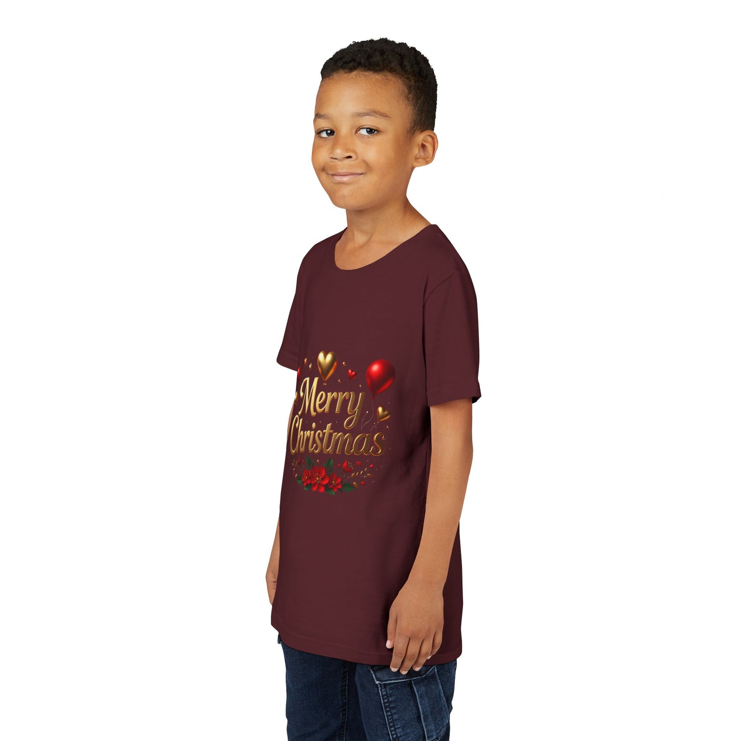 Youth Tee — Merry Christmas Gold Script with Hearts & Poinsettia Holiday Design