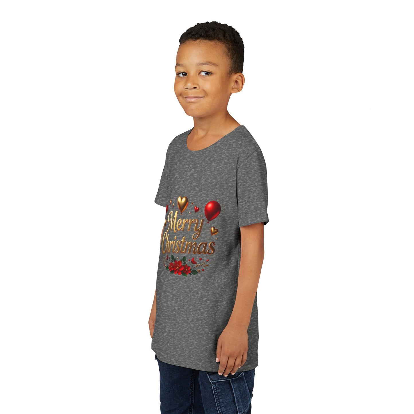 Youth Tee — Merry Christmas Gold Script with Hearts & Poinsettia Holiday Design