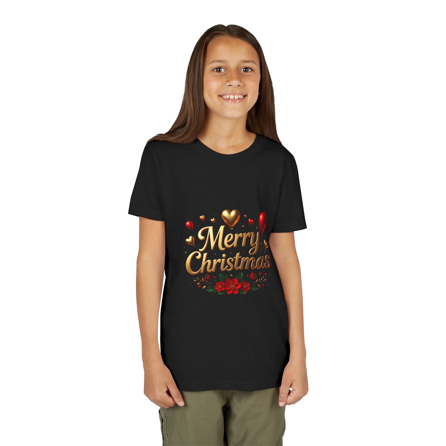 Youth Tee — Merry Christmas Gold Script with Hearts & Poinsettia Holiday Design