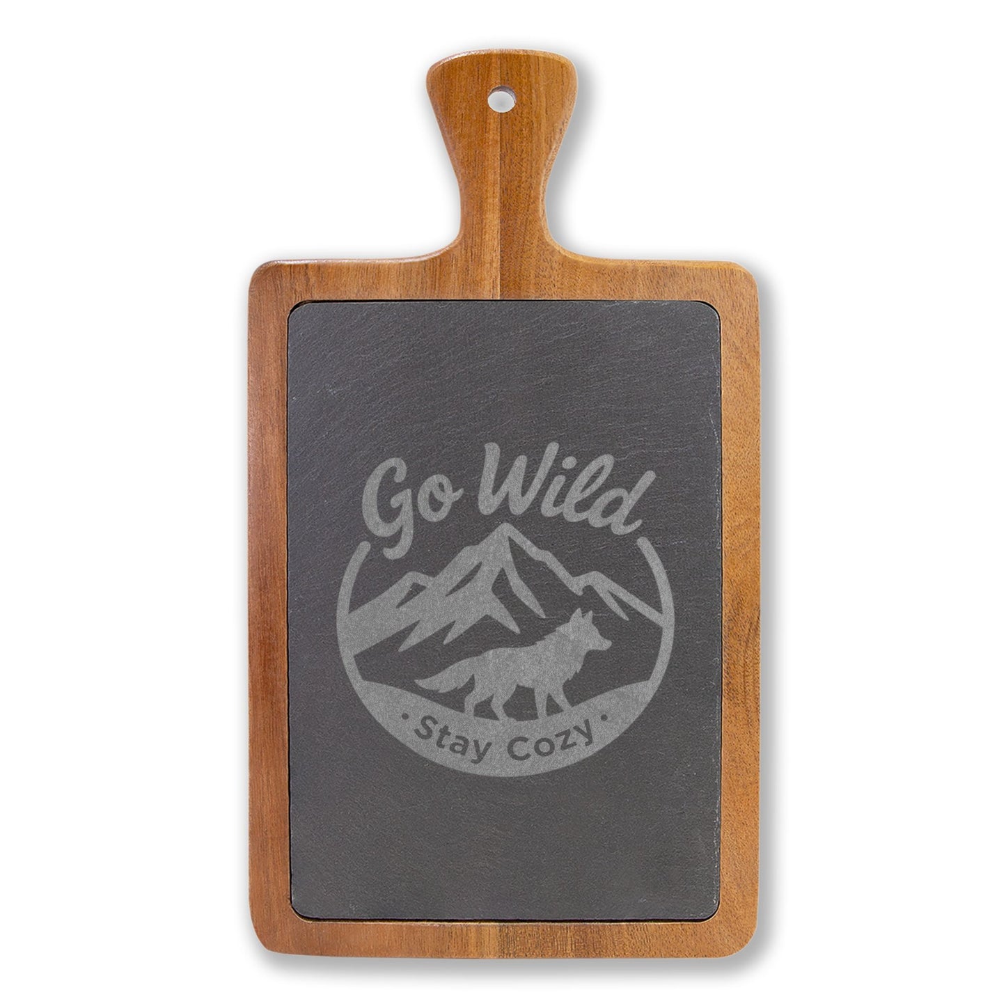 Go Wild Engraved Bamboo Charcuterie Board with Slate Inlay — 'Stay Cozy' Cheese Serving Set