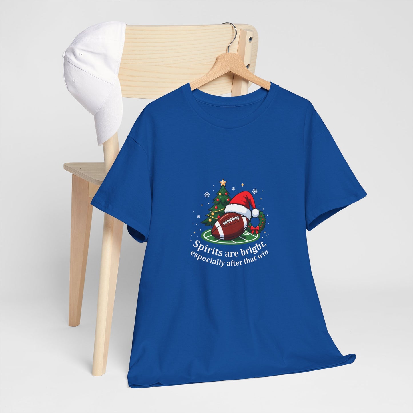 Christmas Football T-Shirt — "Spirits are bright, especially after that win" Holiday Tee