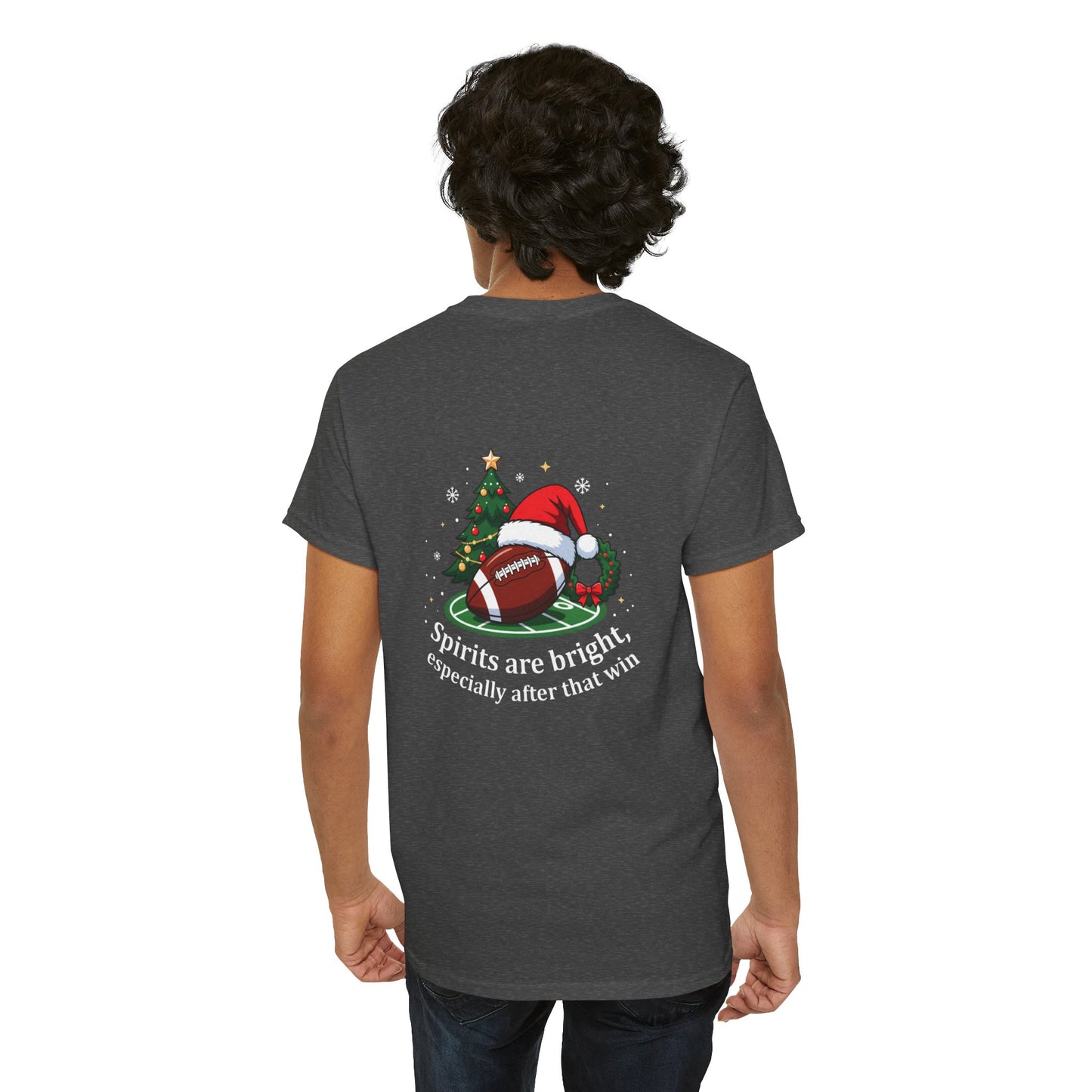 Christmas Football T-Shirt — "Spirits are bright, especially after that win" Holiday Tee