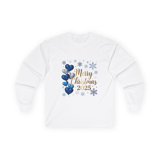 Merry Christmas 2025 Long Sleeve Tee — Blue Heart Snowflake Holiday Shirt