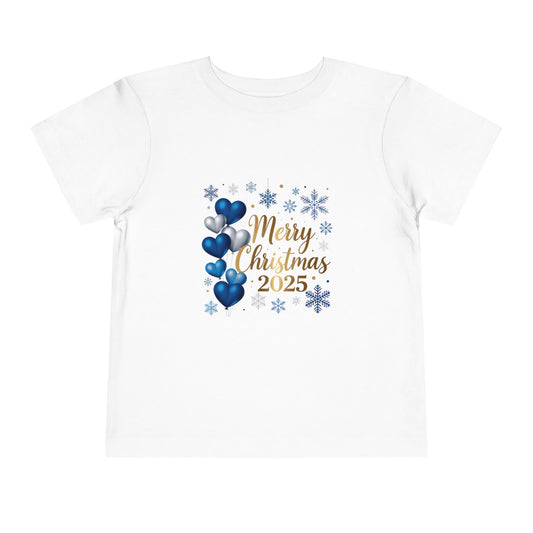 Toddler Christmas Tee "Merry Christmas 2025" Blue Hearts & Snowflakes