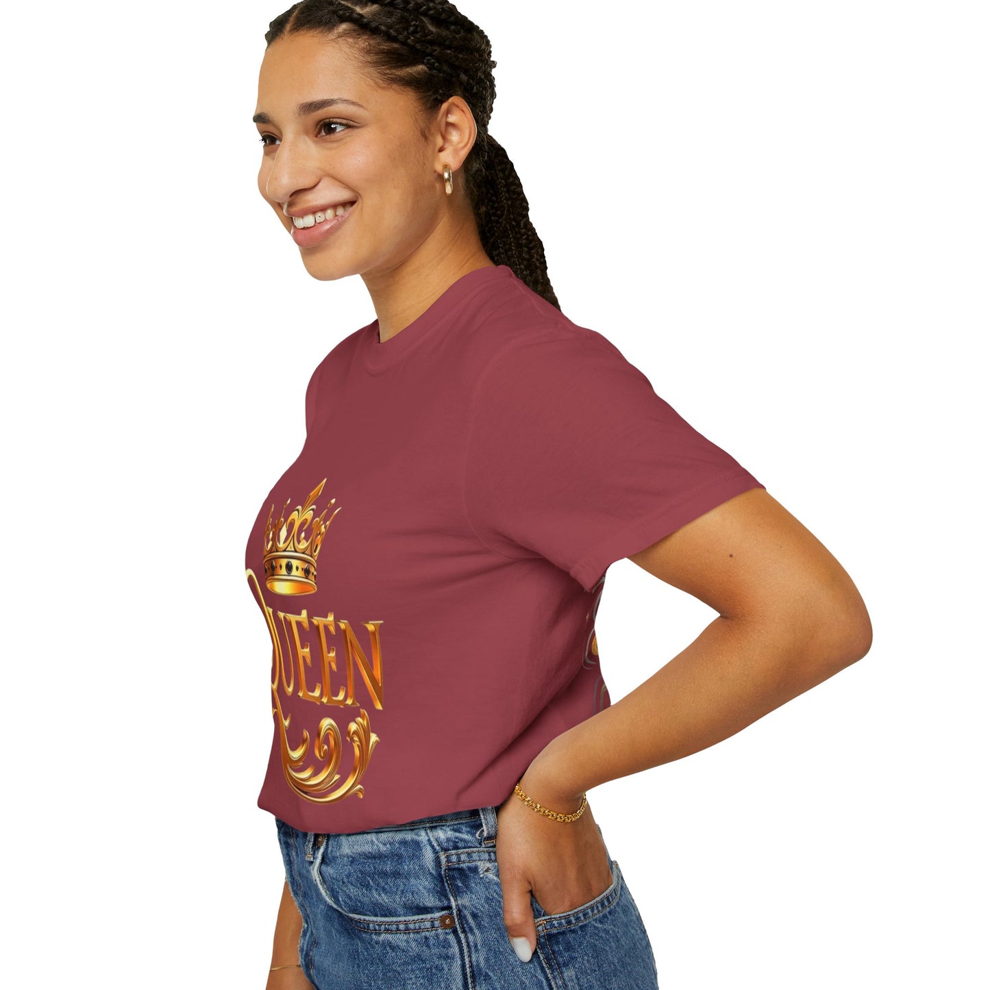 Queen Crown T-Shirt — Regal Gold Typography Tee for Her