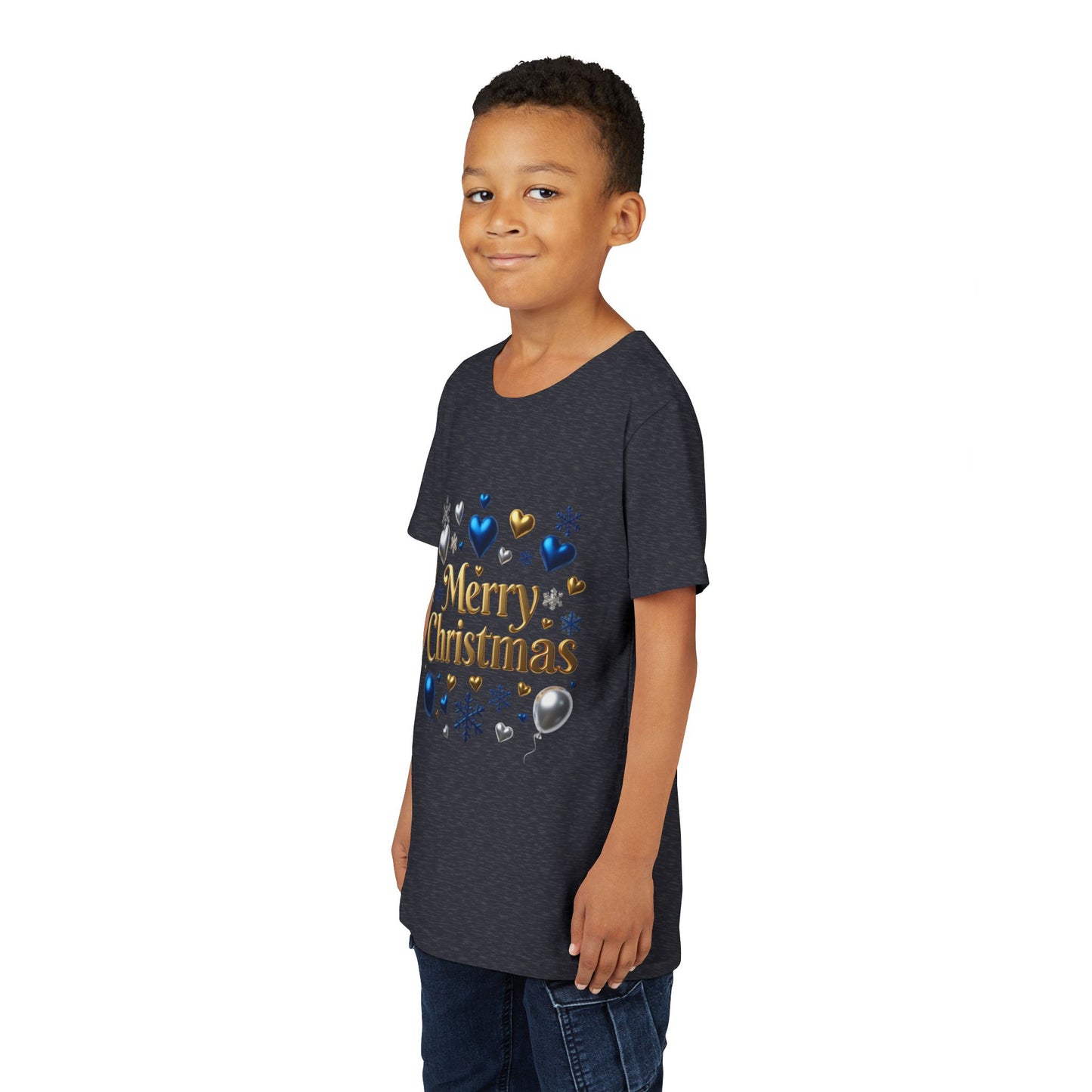 Youth Tee — "Merry Christmas" Gold Script with Blue & Silver Ornaments