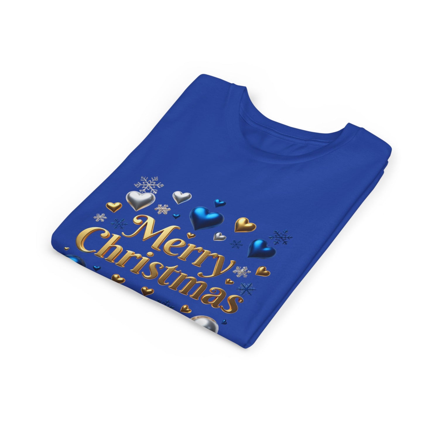 Youth Tee — "Merry Christmas" Gold Script with Blue & Silver Ornaments