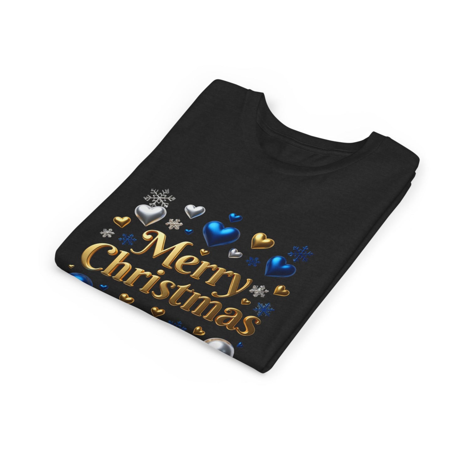 Youth Tee — "Merry Christmas" Gold Script with Blue & Silver Ornaments