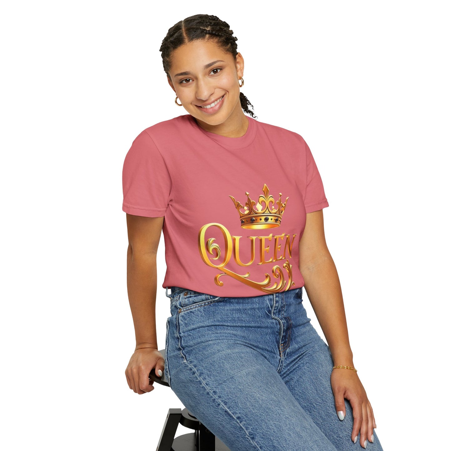 Queen Crown T-Shirt — Regal Gold Typography Tee for Her
