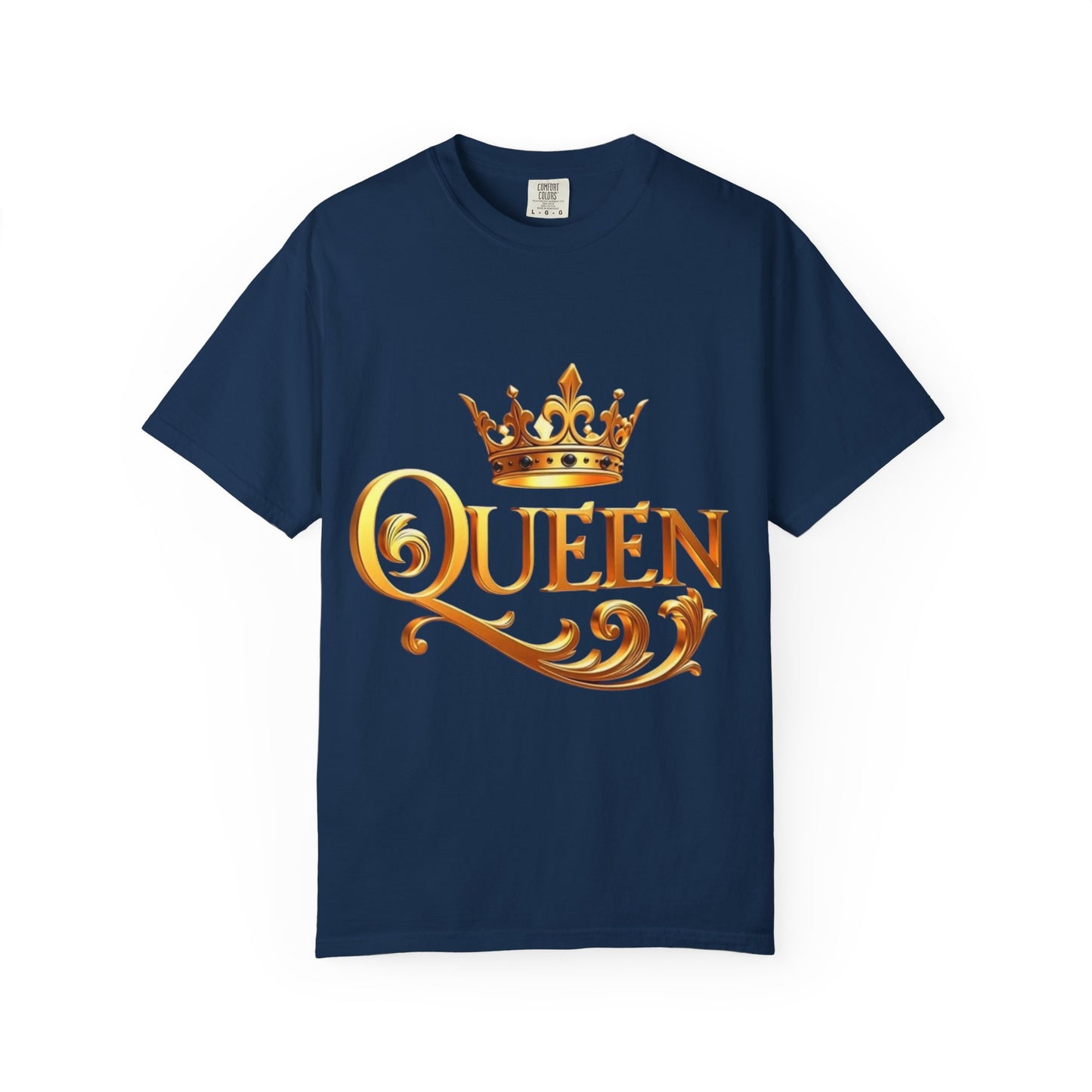 Queen Crown T-Shirt — Regal Gold Typography Tee for Her