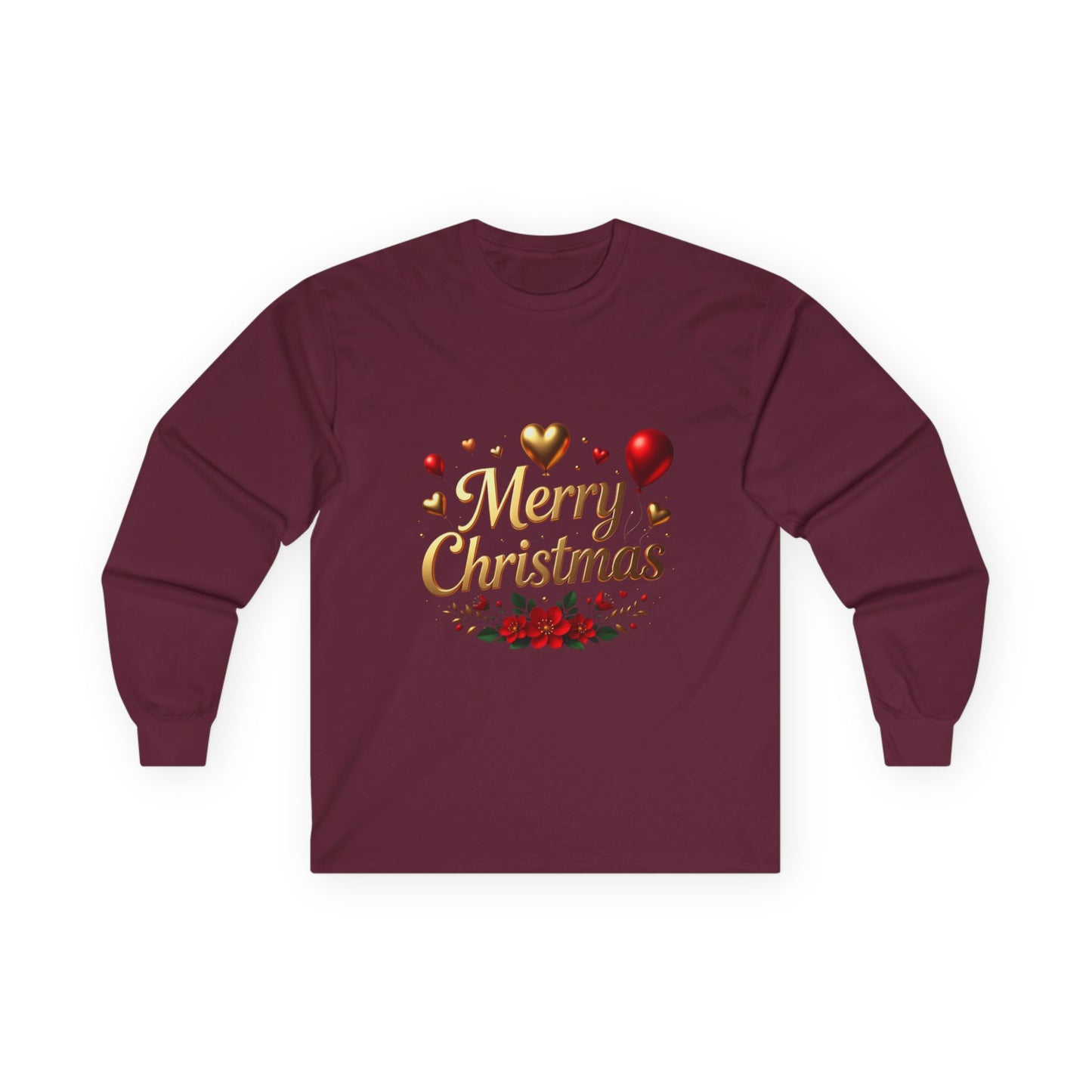 Merry Christmas Long Sleeve Tee — Festive Gold Script & Poinsettia Design