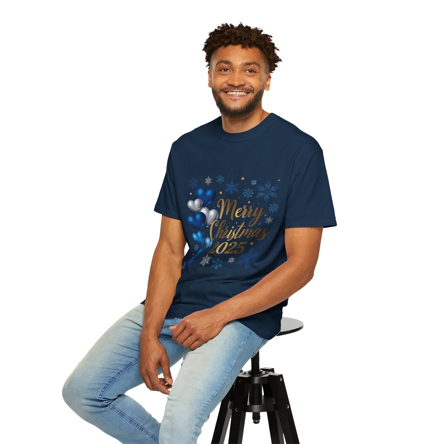Christmas 2025 T-Shirt – "Merry Christmas 2025" Blue Heart Snowflake Holiday Tee