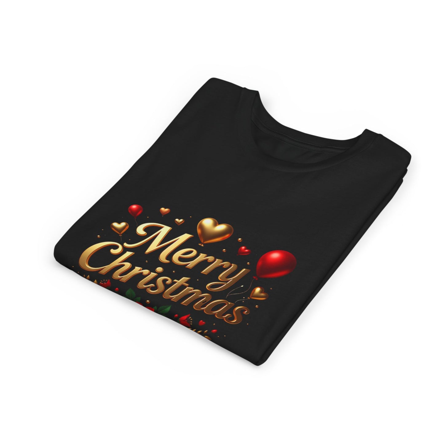 Youth Tee — Merry Christmas Gold Script with Hearts & Poinsettia Holiday Design